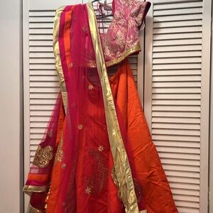 Vibrant  Orange Embroidered Skirt, blouse, scarf and small bag